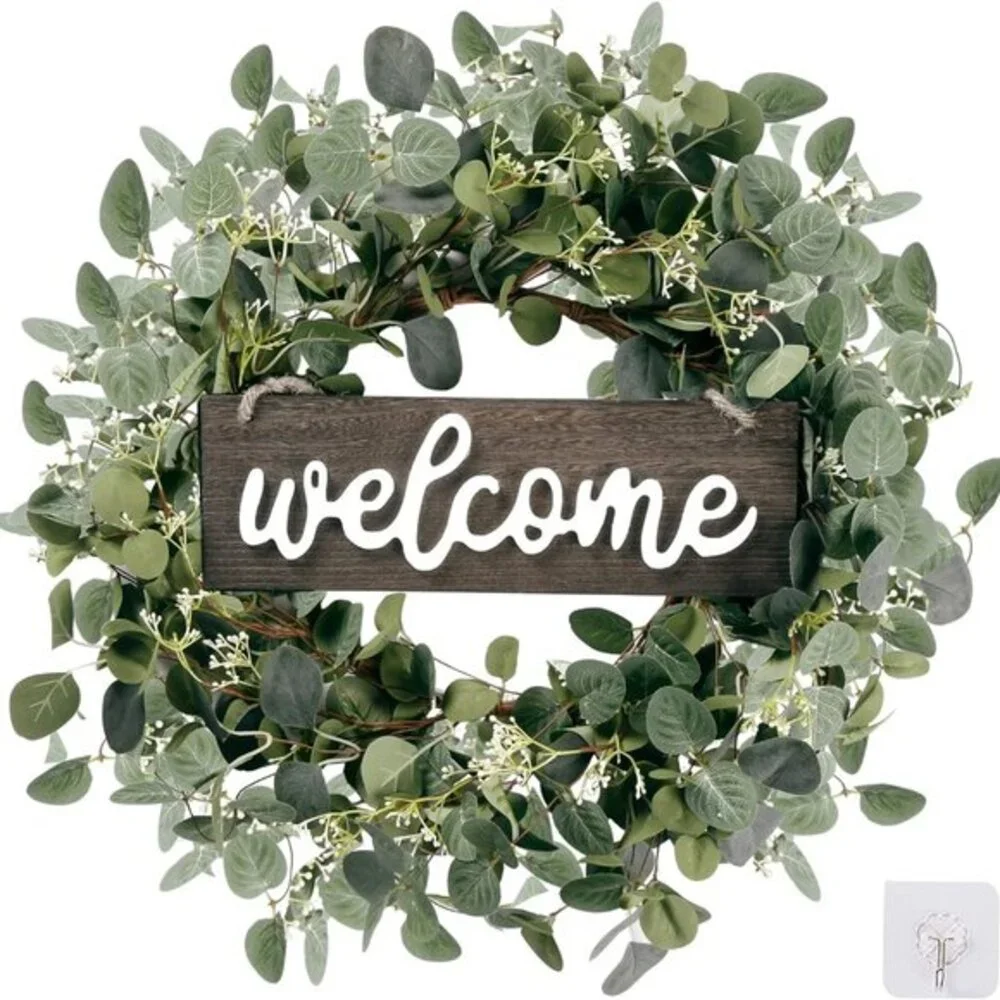 Green‎ Eucalyptus Leaf Wreath Welcome Sign 20in Art for Front Door Wall Window
